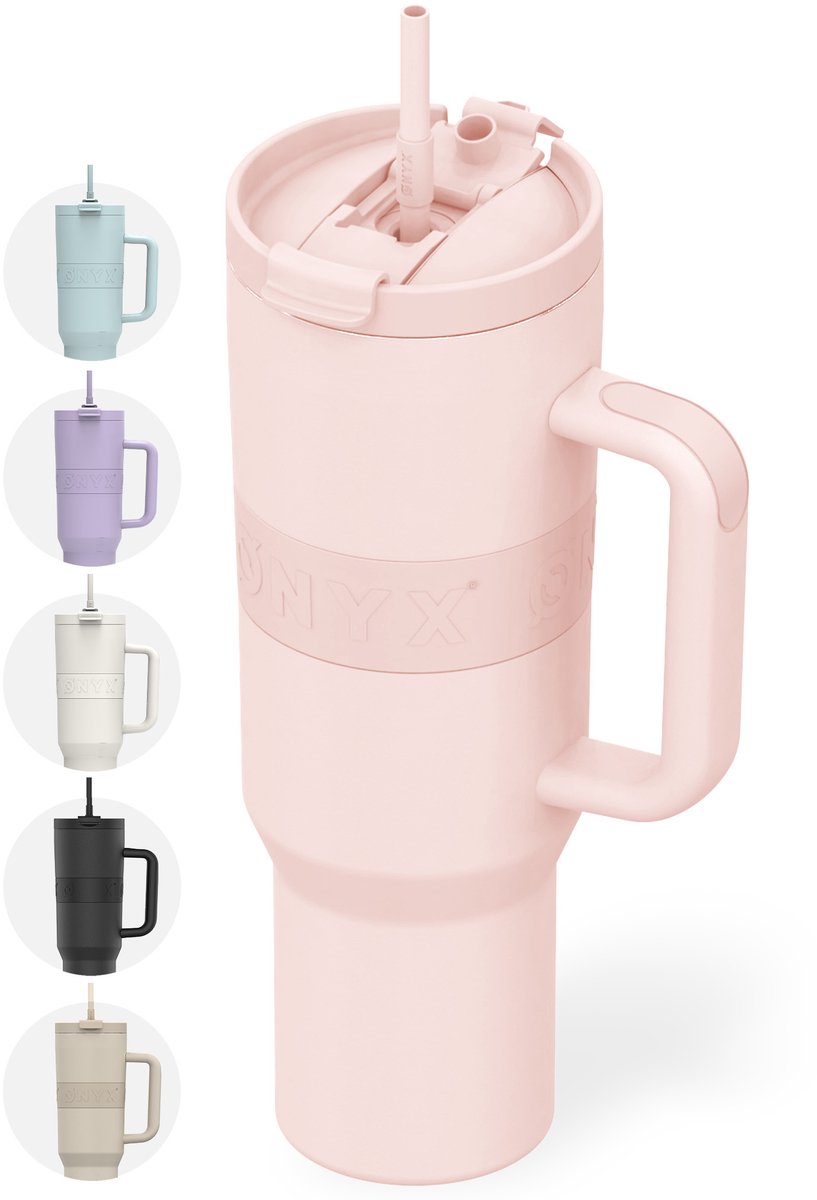ONYX Drinkfles met Rietje 1.2 Liter - Waterfles voor Kinderen & Volwassenen - Thermosbeker Travel Mug - Motiverende Drinkbus - Drinkbeker voor School - Roze