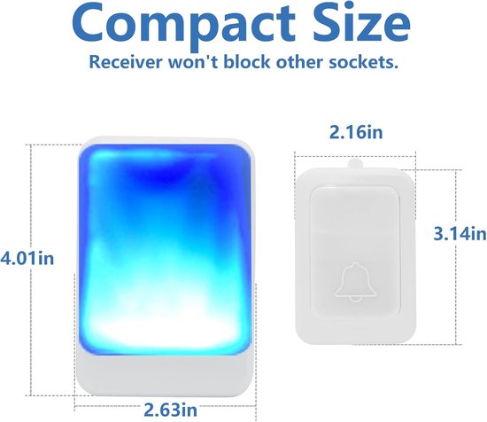 Compacte ontvanger met blauwe gloed (4.01x2.63 inch) en witte zender (3.14x2.16 inch), met afmetingen.