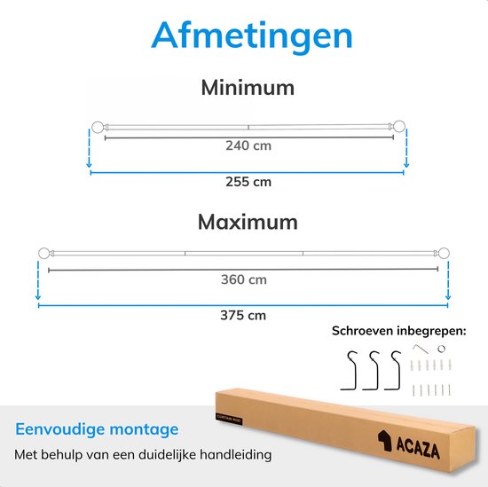 ACAZA Tringle à Rideau Longue - Tringle à Rideau Extensible - Tringle de 240- 360 cm - Zwart