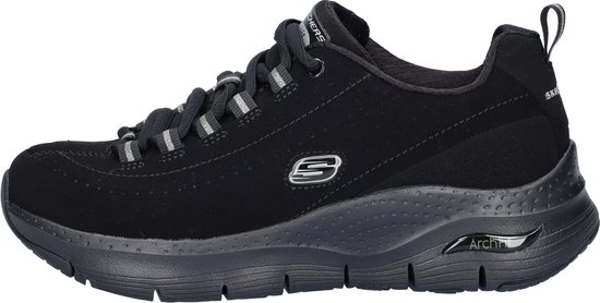 Zwarte Skechers Arch Fit damessneaker, zijaanzicht met zilverkleurige veteroogjes.