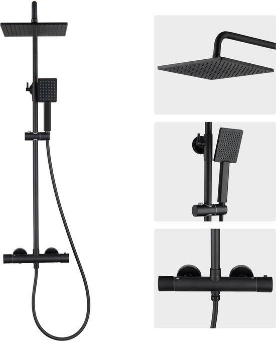 Auralum MAX Regendouche met Thermostaatkraan - Doucheset Zwart - Regendoucheset - Verstelbare Hoogte 88-124 cm - 10 inch Douchekop