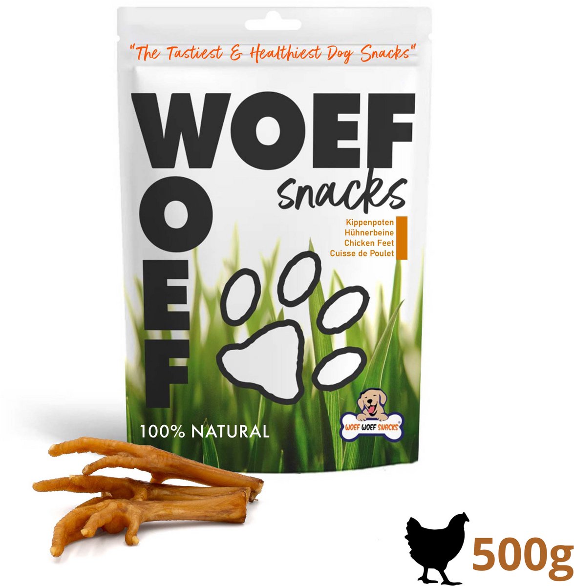 Woef Woef Snacks Hondensnacks Kippenpoten - 0.50 KG - Verwensnacks - Gedroogd vlees - Kip - vanaf 3 maanden - Geen toevoegingen