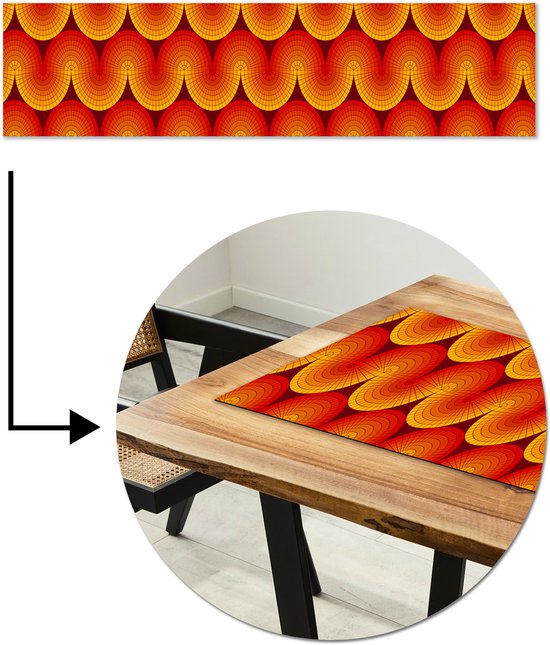 Foto: Tafelloper 200x50 cm tafelmat vinyl design retro rood abstract tafeldecoratie tafelversiering keuken decoratie tafel versiering
