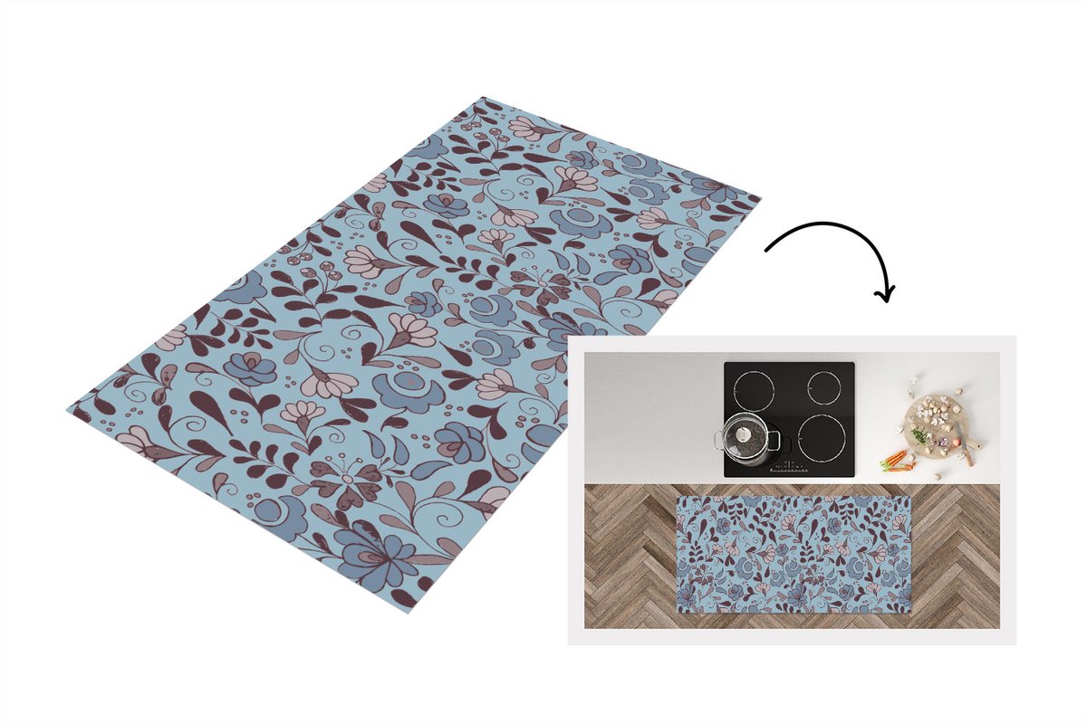 KitchenYeah Keukenloper 120x60 cm - Keukenmat vinyl Patroon - Bloem - Grijs - Blauw - Keukenmatten loper - Keuken vloerkleed tapijt