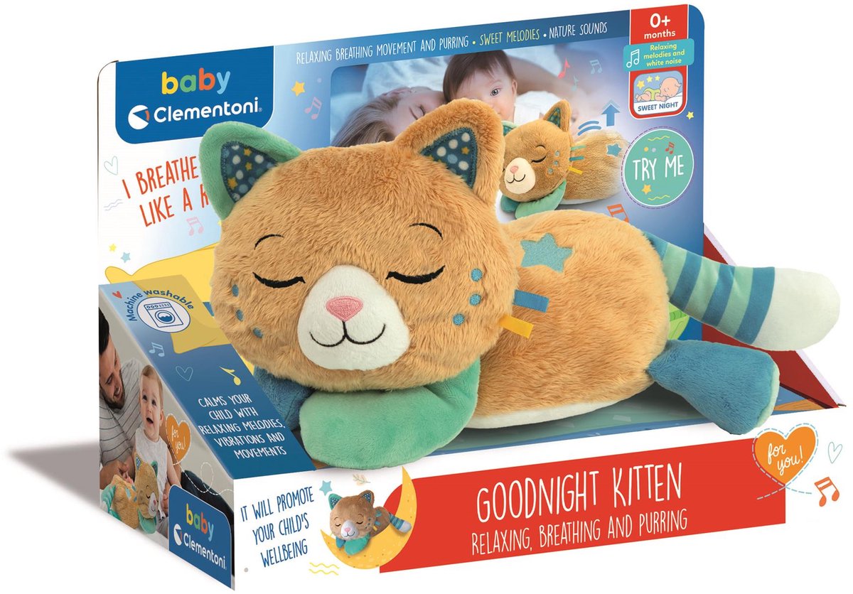 Baby Clementoni - Good Night Kitten - Slaap-knuffel met ademhaling, spingeluid en melodieën - voor ontspanning - vanaf 0 maanden