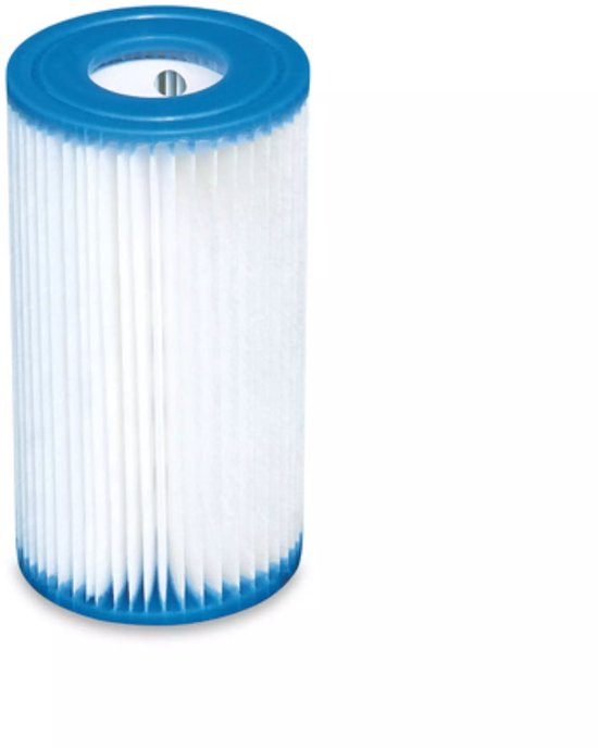 Eén witte Intex zwembadfilter met blauwe boven- en onderranden, op een witte achtergrond.