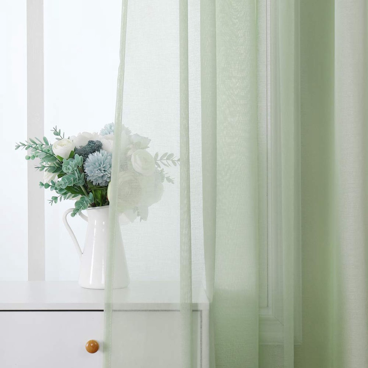 Ibenzoa Transparante Voile Gordijnen Set van 2 met Stangdoorgang voor Slaapkamer en Woonkamer, 140 x 160 cm groen