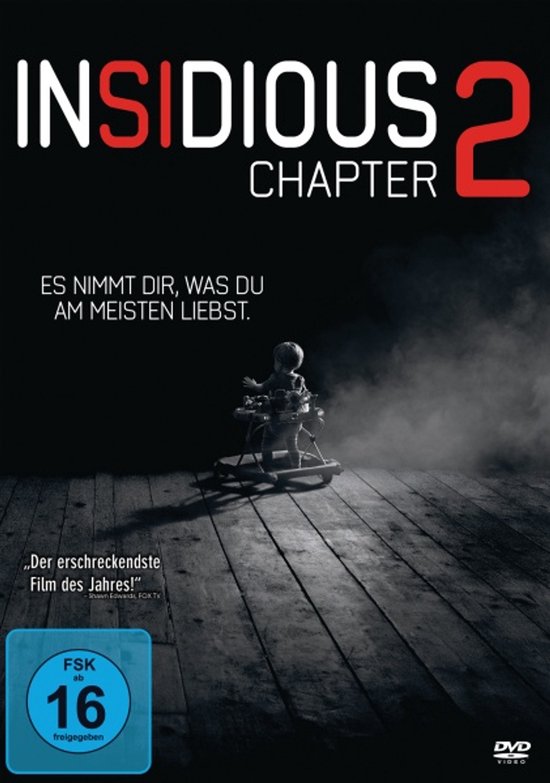 De DVD-cover van Insidious: Chapter 2 toont een kind in een looprek op een houten vloer, met de tekst 'ES NIMMT DIR, WAS DU AM MEISTEN LIEBST.' en 'Der erschreckendste Film des Jahres!'.