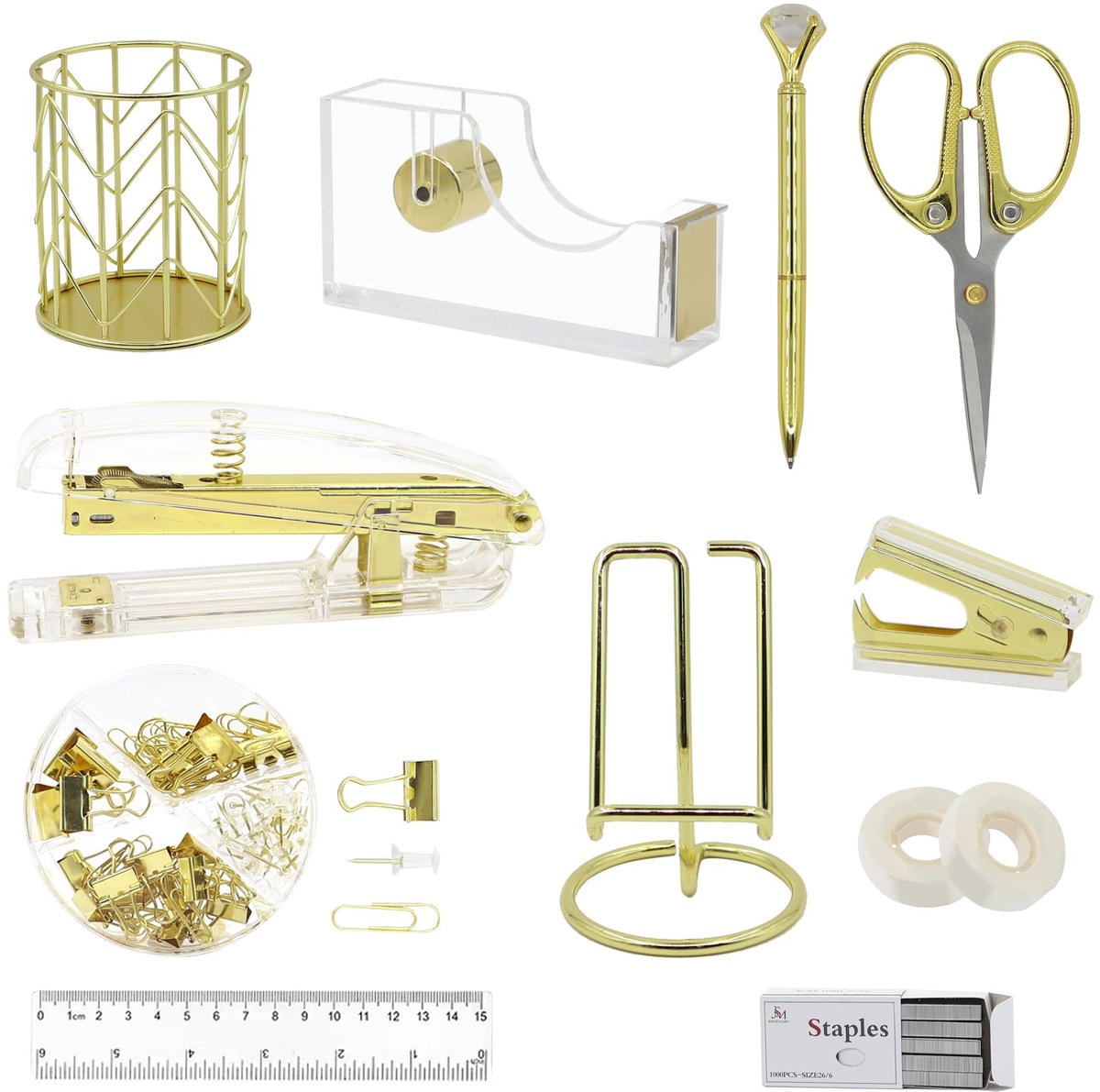 Ibenzoa® Complete Gouden Bureauaccessoires Set met 11 Essentiële Kantoorbenodigdheden voor Dames