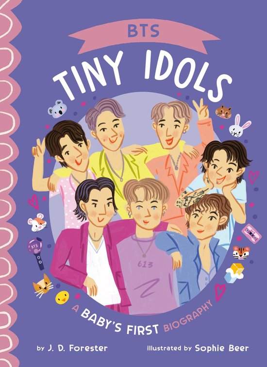 Boekcover van "Tiny Idols - BTS", een kinderboek met illustraties van de leden van BTS in cartoonstijl.