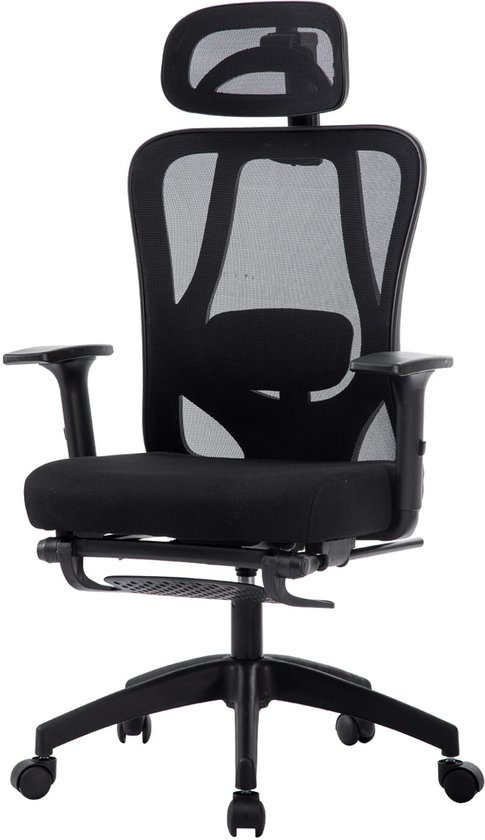 Zwarte ergonomische bureaustoel met hoge rugleuning en hoofdsteun, op een witte achtergrond.