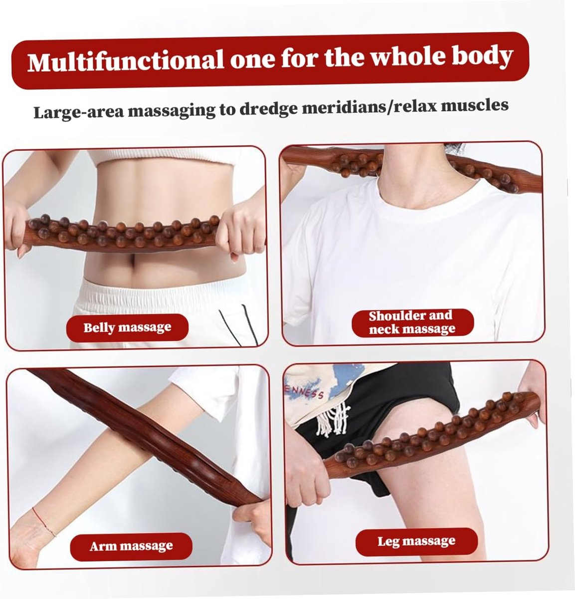 Afbeelding 3 van SNQ Houten massage roller met 31 kralen - 58 cm lymfedrainage massagestok - Guasha en spierontspanningsgereedschap - Handgemaakt houten body roller voor rug, benen en nek