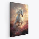 FineArtia - Wit paard in zonsondergang - Canvas Schilderij - 60 x 90 cm - Woonkamer Decoratie - Blauw;Bruin;Zwart - Slaapkamer Schilderij - Wanddecoratie