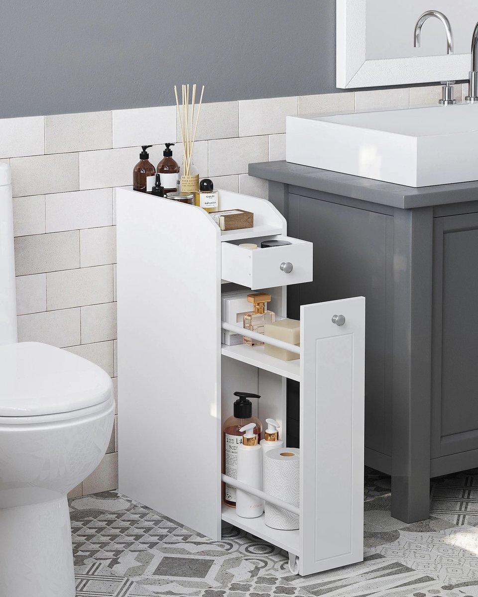 Mila Shop Badkamerkast - Badkamermeubel - Toiletkast - Ladekast - 4 niveaus - Klein en compact model - Wit - MDF - 40x18x70 cm