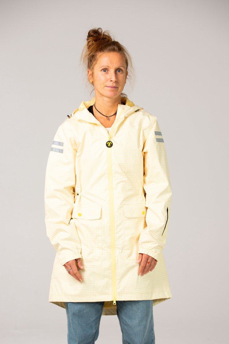 Ducksday - Regenjas Dames - Waterdicht - Parka met Capuchon - Reflecterend - Half Lang Model - Gevoerd - Lemonade - Licht geel met wit - Maat Large - 40/42