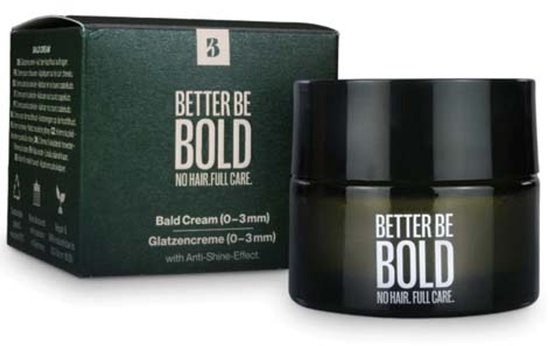 Een potje en doosje van "BETTER BE BOLD" Bald Cream (0-3 mm) met Anti-Shine-Effect.