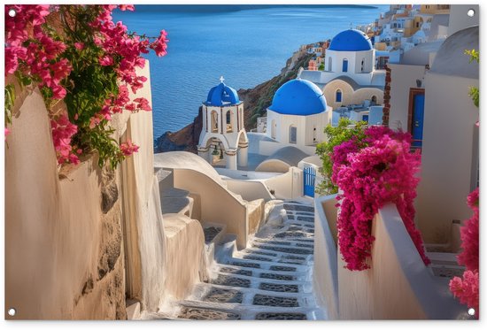 Tuinposter 120x80 cm - Tuindecoratie Santorini - Bloemen - Griekenland - Poster voor in de tuin - Buiten decoratie - Schutting tuinschilderij - Tuindoek muurdecoratie - Wanddecoratie balkondoek