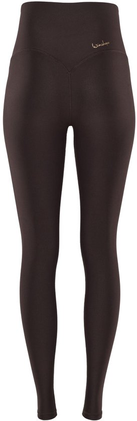 Achterkant van een bruine, hoge taille legging met logo op de heup.
