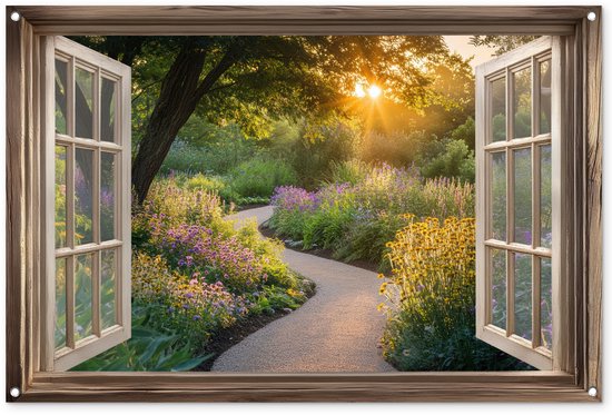 Affiche de jardin 120x80 cm - Décoration de jardin Vue - Fleurs - Nature - Soleil - Chemin - Affiche pour le jardin - Décoration extérieure - Tableau de jardin clôture - Décoration murale sur toile de jardin - Décoration murale sur toile de balcon