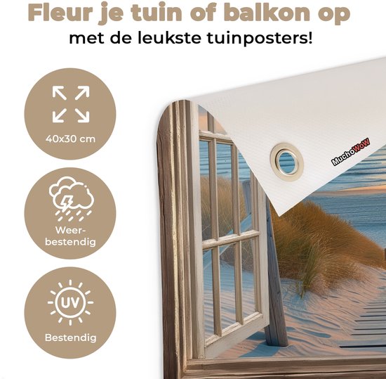 Tuinposter 40x30 cm - Tuindecoratie Doorkijk - Strand - Pad - Zonsondergang - Poster voor in de tuin - Buiten decoratie - Schutting tuinschilderij - Tuindoek muurdecoratie - Wanddecoratie balkondoek