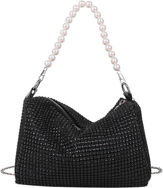Pochette noire Glitter pour femme avec Collier de perles – Sac bandoulière en cuir synthétique – Sac de soirée avec chaîne amovible, Elegant sac à main pour Fête et mariage