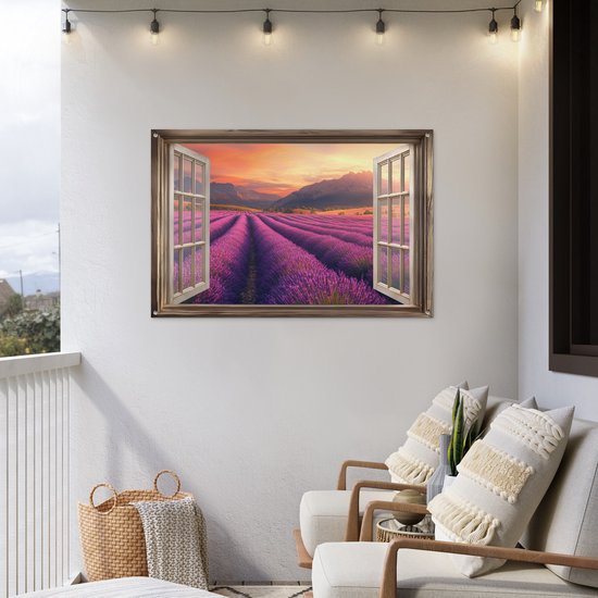Tuinposter 120x80 cm - Tuindecoratie Doorkijk - Lavendel - Landschap - Bloemen - Paars - Poster voor in de tuin - Buiten decoratie - Schutting tuinschilderij - Tuindoek muurdecoratie - Wanddecoratie balkondoek