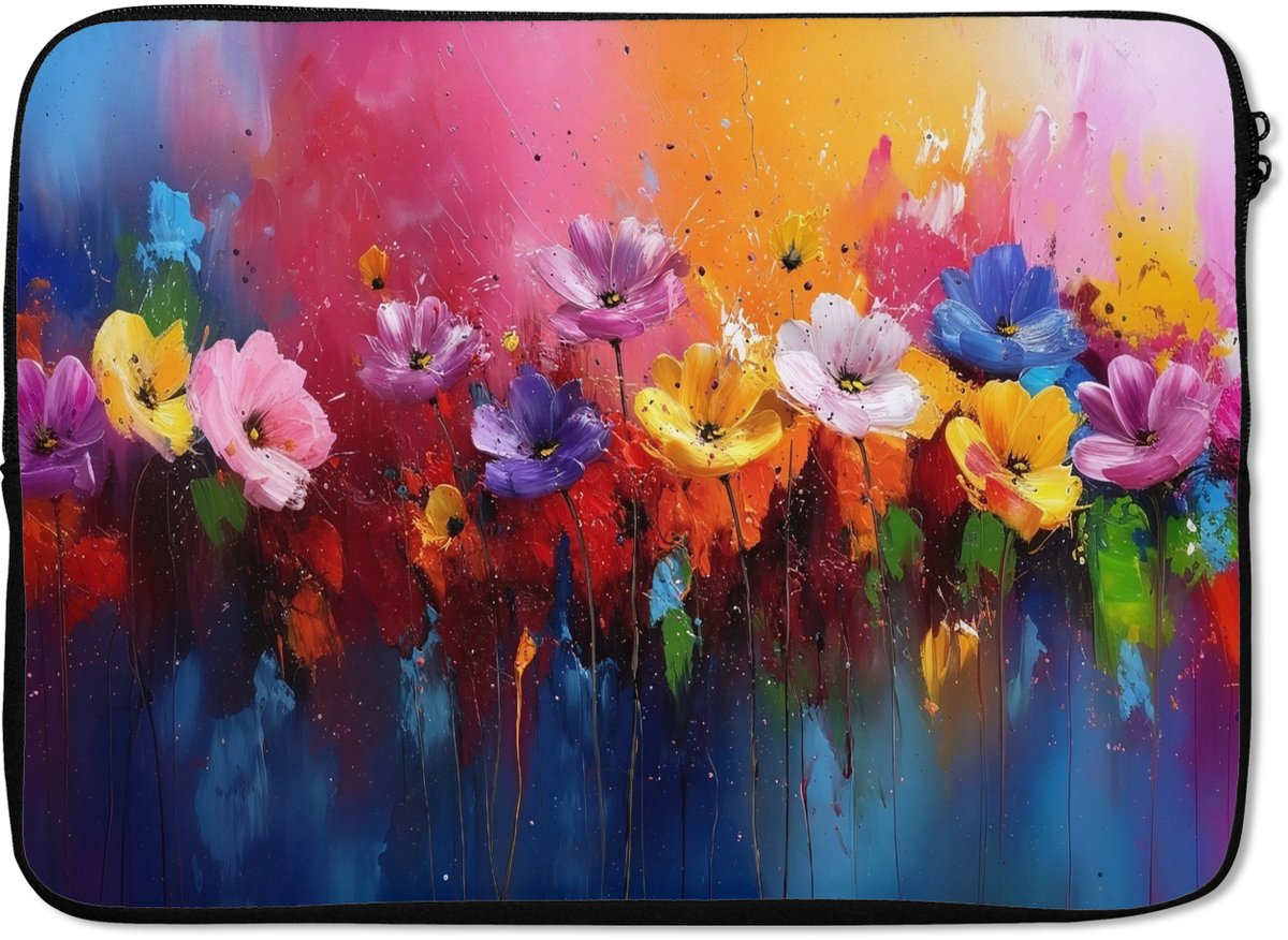 Laptophoes 13 inch - Fantasiebloemen - Verf - Speels - Laptop sleeve - Binnenmaat 32x22,5 cm - Zwarte achterkant