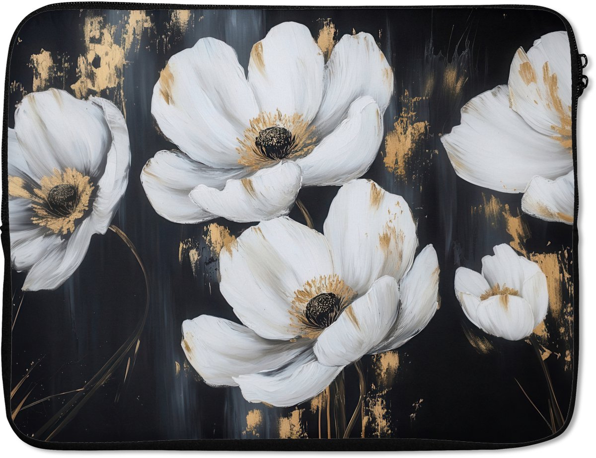 Laptophoes 15.6 inch - Bloemen - Wit - Abstract - Laptop sleeve - Binnenmaat 37x26 cm - Zwarte achterkant