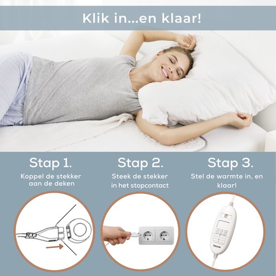 Vrouw ligt ontspannen op een bed met een witte elektrische deken. Stappenplan: stekker koppelen, in stopcontact steken, warmte instellen.