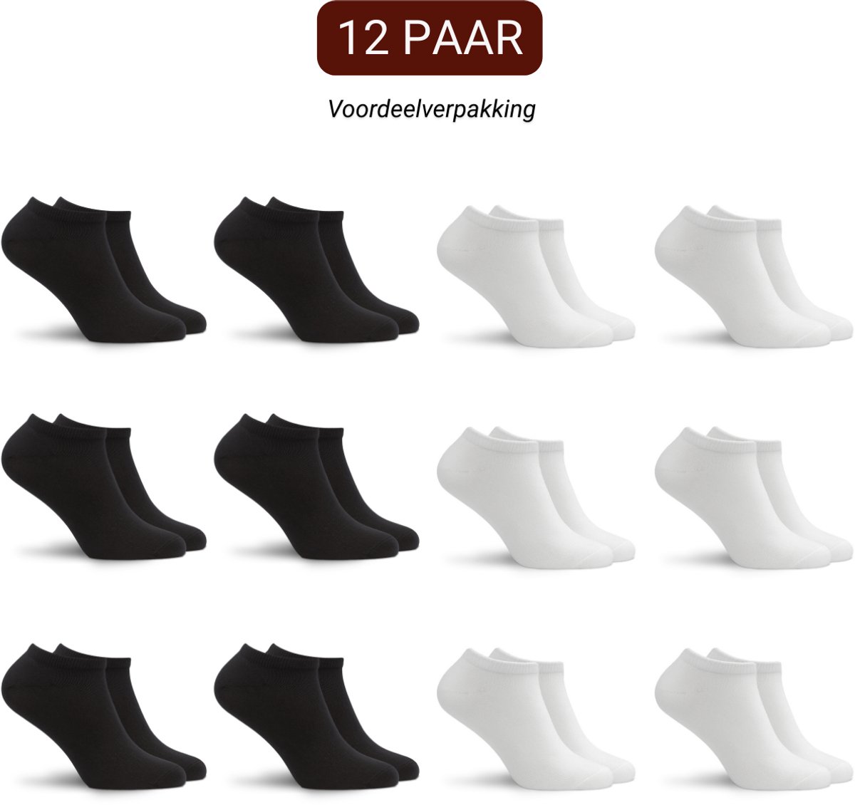 Sukats® 12 Paar Sneakersokken - Maat 39-42 - Zwart en Wit - Dames en heren sokken - Enkelsokken dames en heren - Meerdere maten en kleuren - Korte sokken - Naadloos