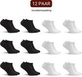Twaalf paar enkelsokken, zes paar zwart en zes paar wit. "12 Paar voordeelverpakking".