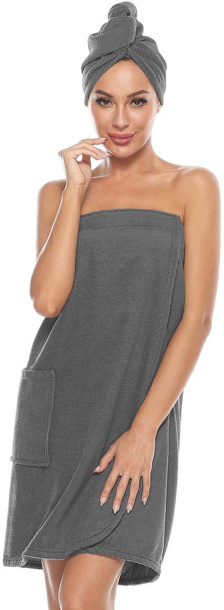 Dames Saunakilt met Haartuch - Met Klittenbandsluiting en Elastische Band - Voor de Sauna - Grijs Maat L