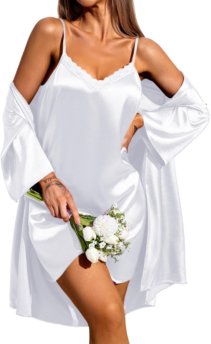 Dames Satijnen Morgenjas & Nachthemd Set - Tweedelig - Voor Bruiden - Wit XL