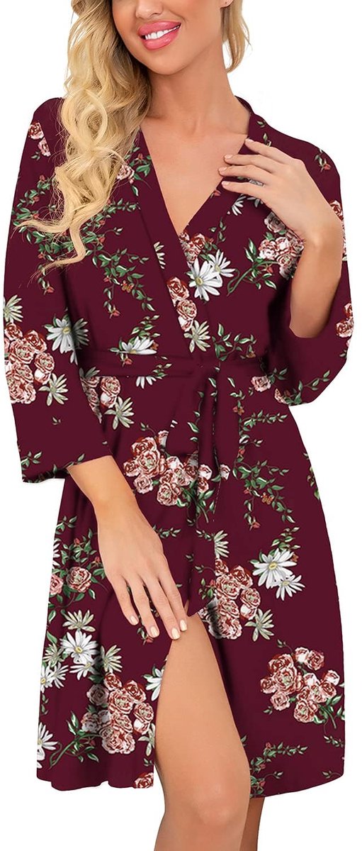 Kimono Badjas - Kort Zacht Met V-hals en Bloemenprint - Dames - Wijnrood, Maat S