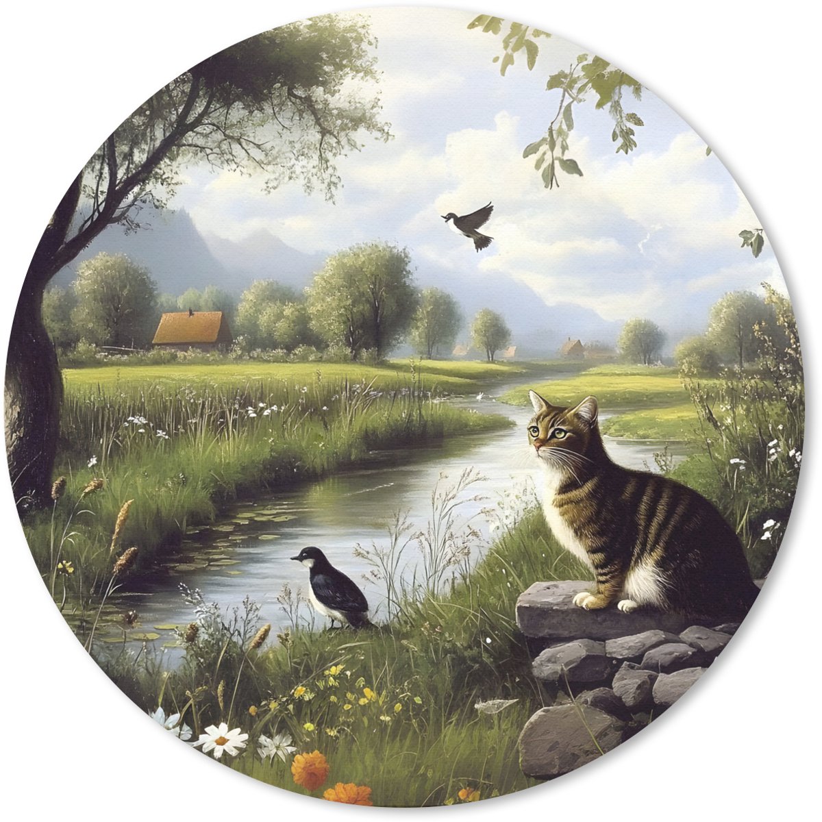 Muismat rond 30x30 cm - Mousepad Kat - Beekje - Weide - Ronde muismatten