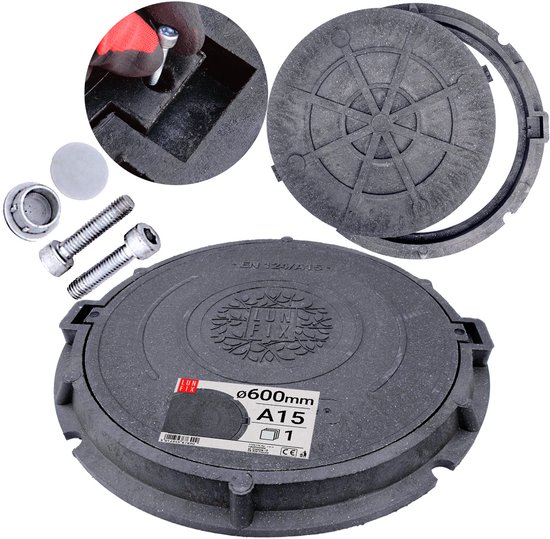 LUN FIX - Couvercle de regard - DN 600 mm, 60 cm, A15 1,5 t - couvercle, pour fosse septique - Zwart