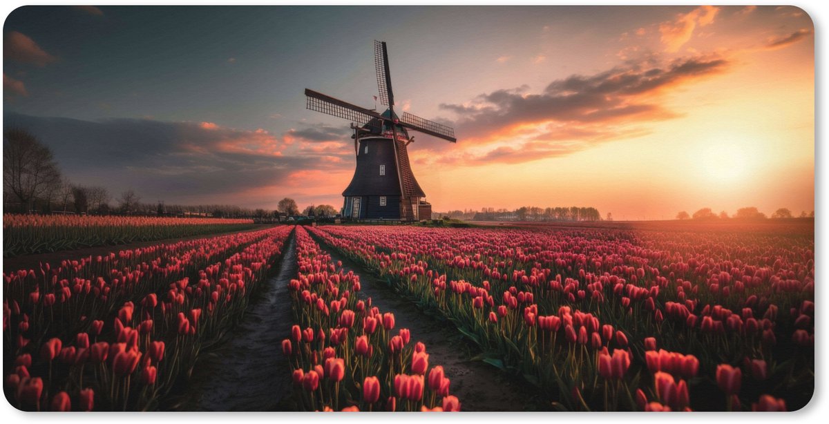 Muismat XXL 80x40 cm - Bureau onderlegger - Bureau mat Molen - Zonsondergang - Tulpen - Rood - Bureaumat - Gaming mousepad xl - Bureaulegger groot - Computer deskmat