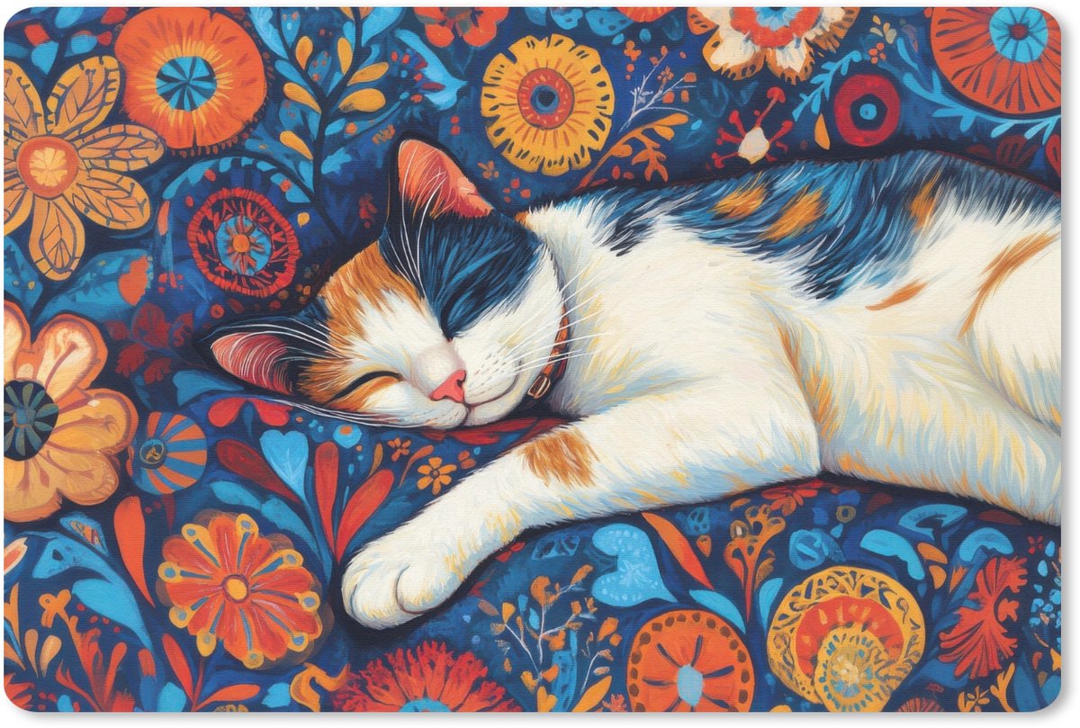 Muismat 27x18 cm - Mousepad Kat - Bloemenpatroon - Blauw - Oranje - Muismatten