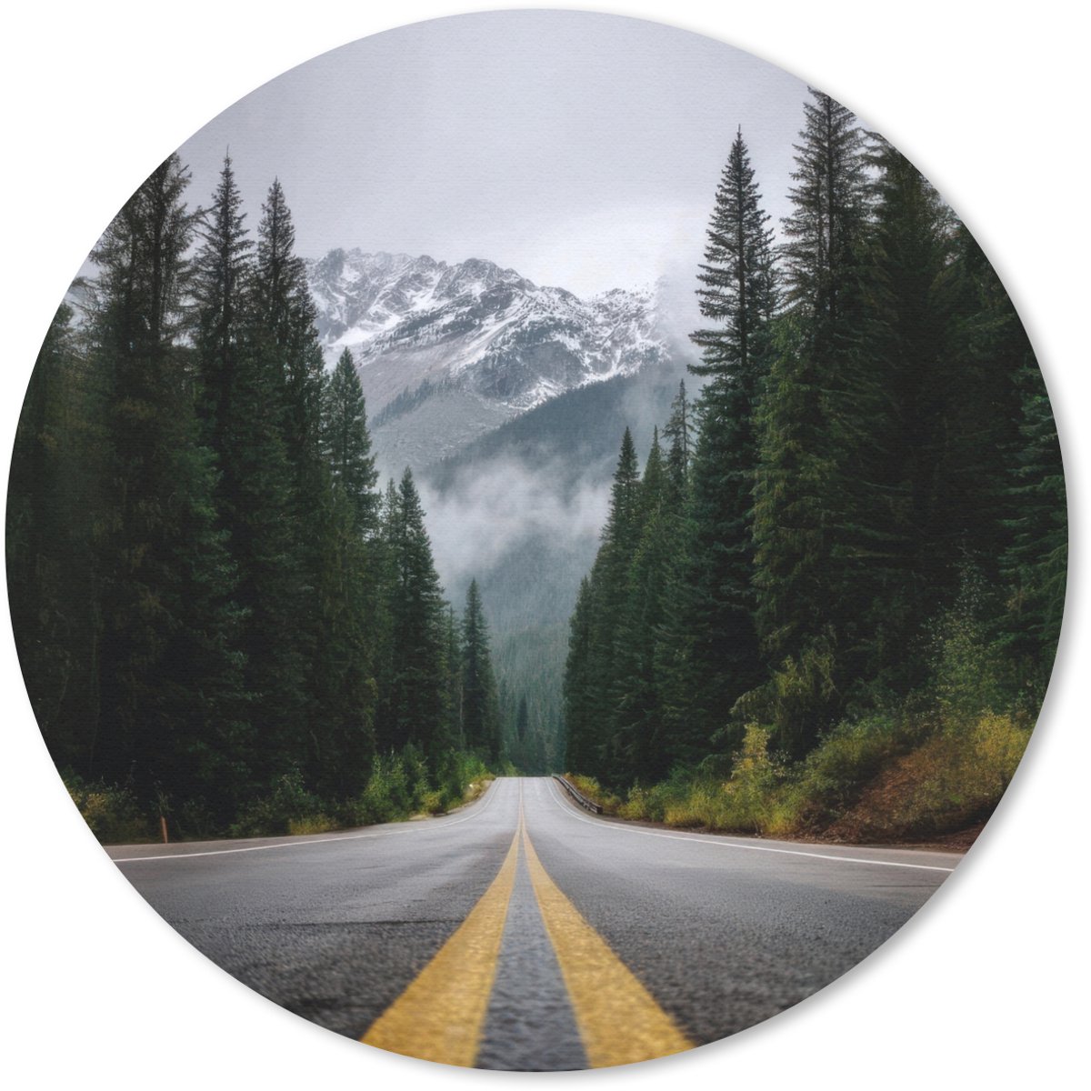 Muismat rond 30x30 cm - Mousepad Sparrenbos - Weg - Bergen - Sneeuw - Ronde muismatten