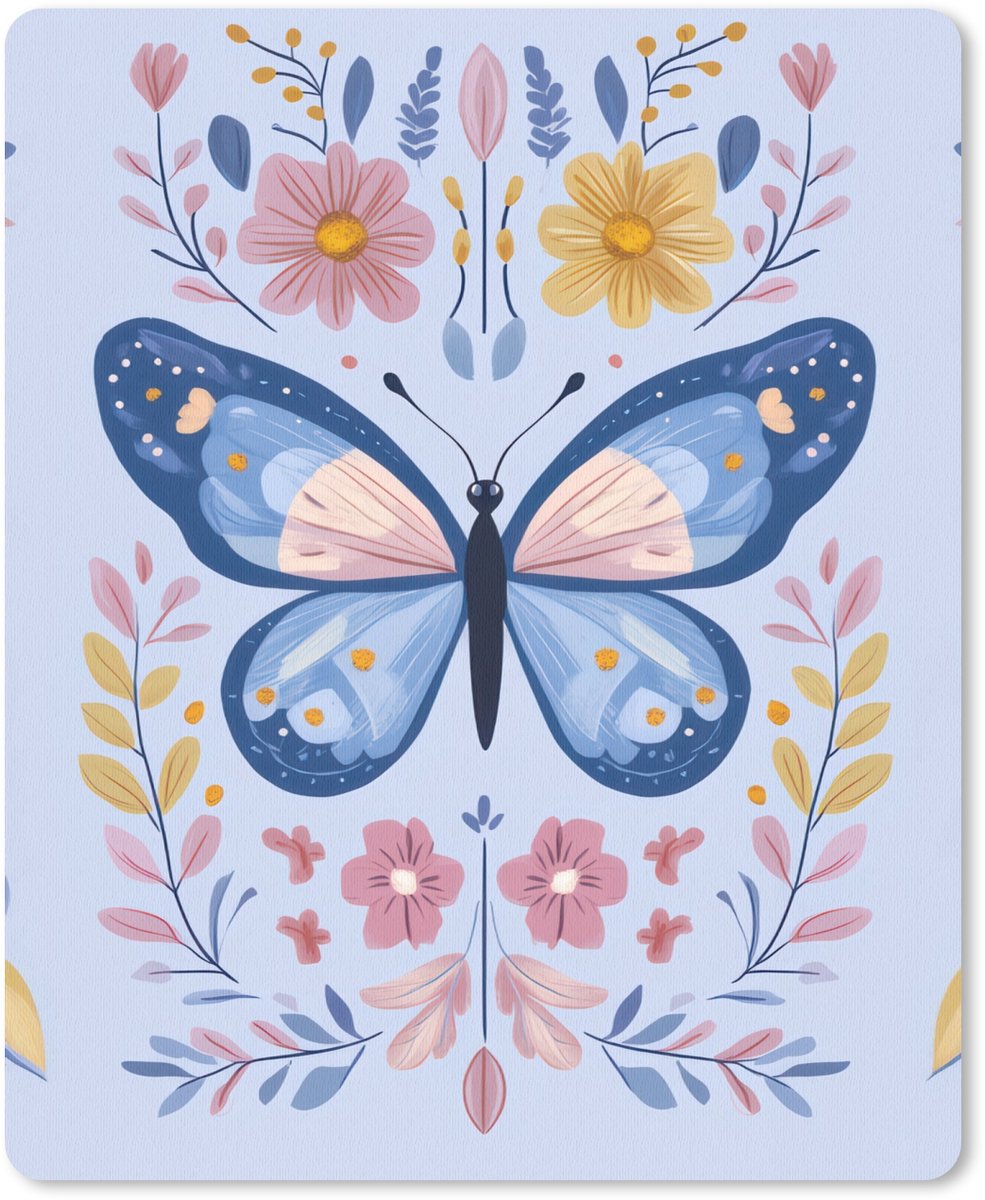 Muismat 19x23 cm - Mousepad Vlinder - Lichtblauw - Sierlijk - Bloemen - Muismatten