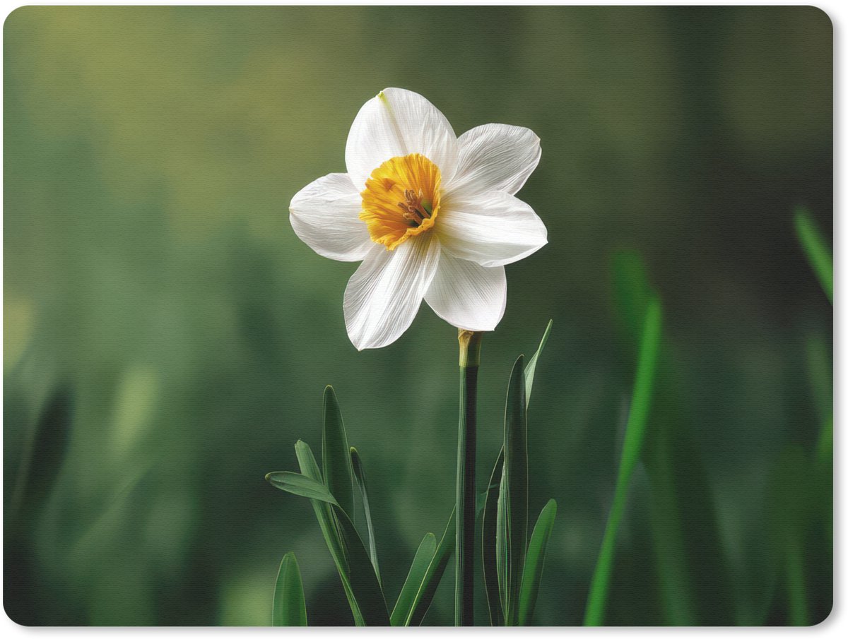 Muismat 23x19 cm - Mousepad Narcis - Bloem - Wit - Grassprieten - Muismatten