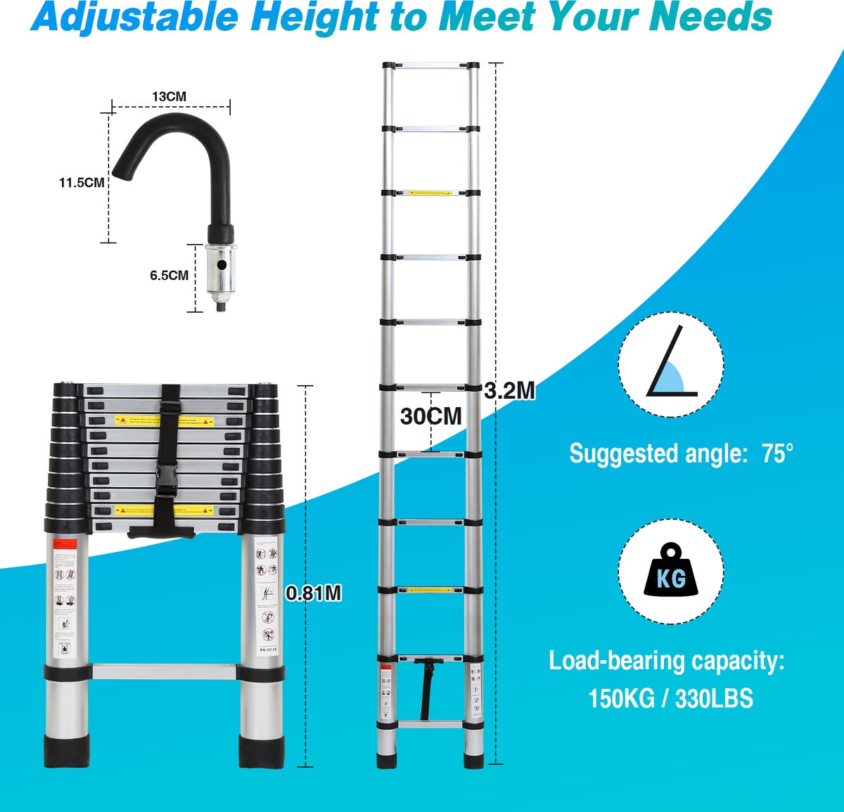 Telescopische Ladder - Telescoopladder - 3,2m zilver + haak, Max. Belasting 150 kg, Compact en Draagbaar met Soft Closing Systeem, Geschikt voor Particulier en Professioneel Gebruik, Telescopische Vouwladder – foto 8