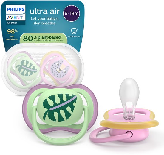Deux sucettes Philips Avent Ultra Air, 6-18 mois. Une verte avec un motif feuille et une rose avec un motif panthère.