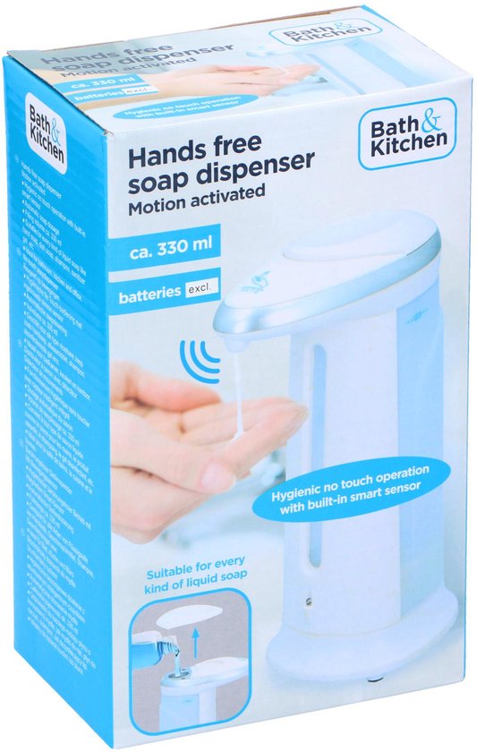 Verpakking van een witte automatische zeepdispenser met afbeelding van een hand die zeep ontvangt.