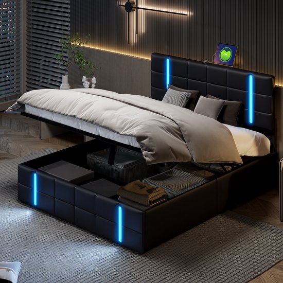 Bed 160 x 200 cm met LED-hoofdbord en USB, 4 opberglades, lattenbodem