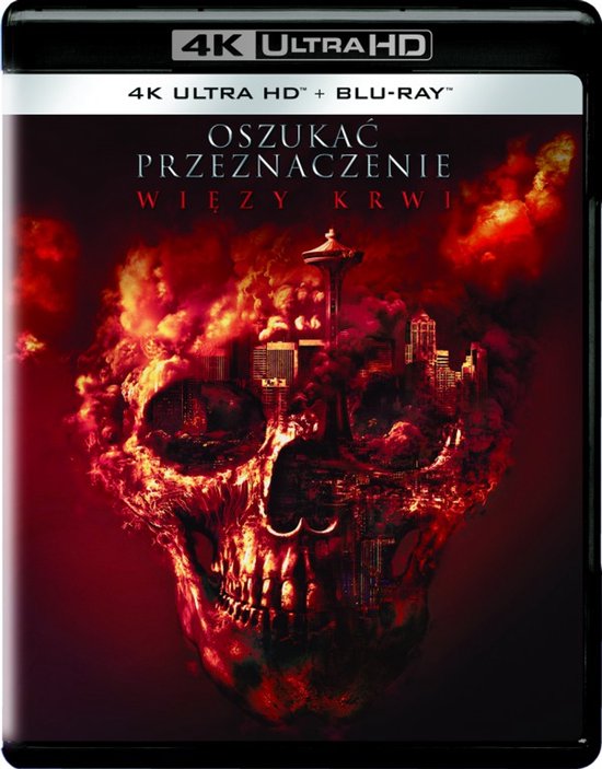 4K Ultra HD Blu-ray hoes voor "Oszukać Przeznaczenie Więzy Krwi" met een schedel en stadsgezicht in vuur.