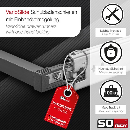 SOTECH VarioSlide Laderail complete set KV2-100-H53-450 EH 450 mm tot 100 kg eenhandsvergrendeling zwart geanodiseerd voor laden zonder front tot 1200 mm breed
