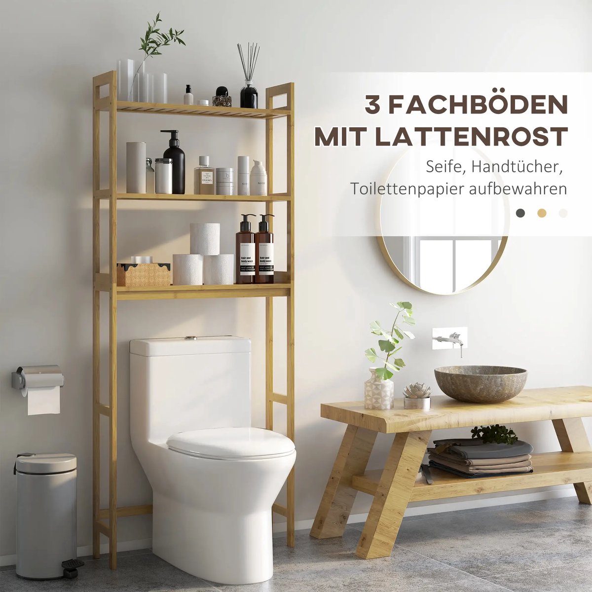 Pugsdrly kleankin badkamerrek badkamerplank toiletrek, 3 planken, waterbestendig, 68 cm x 20 cm x 165 cm, naturel