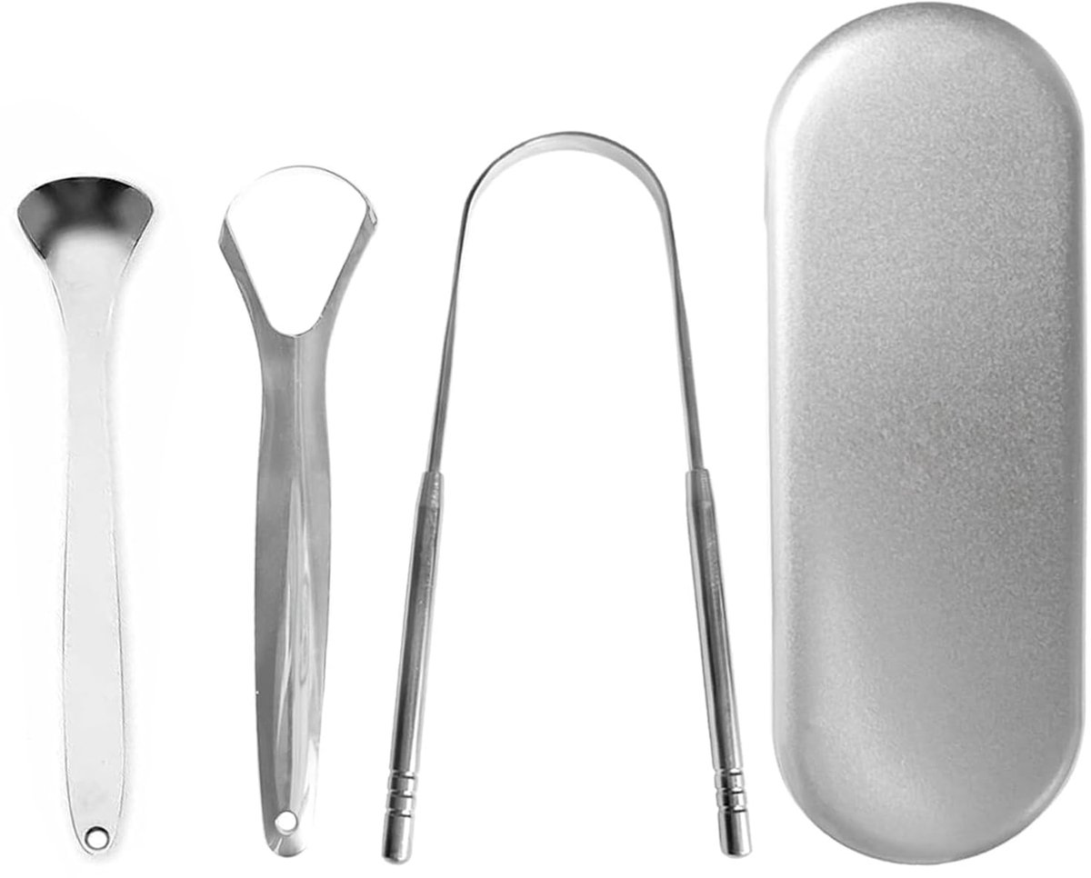 4 stuks tongschraper, metalen tongreiniger, tongschraper, frisse adem verzorging schraper, herbruikbare tongschrapers, voor tongreiniging, optimale mondhygiëne (zilver)
