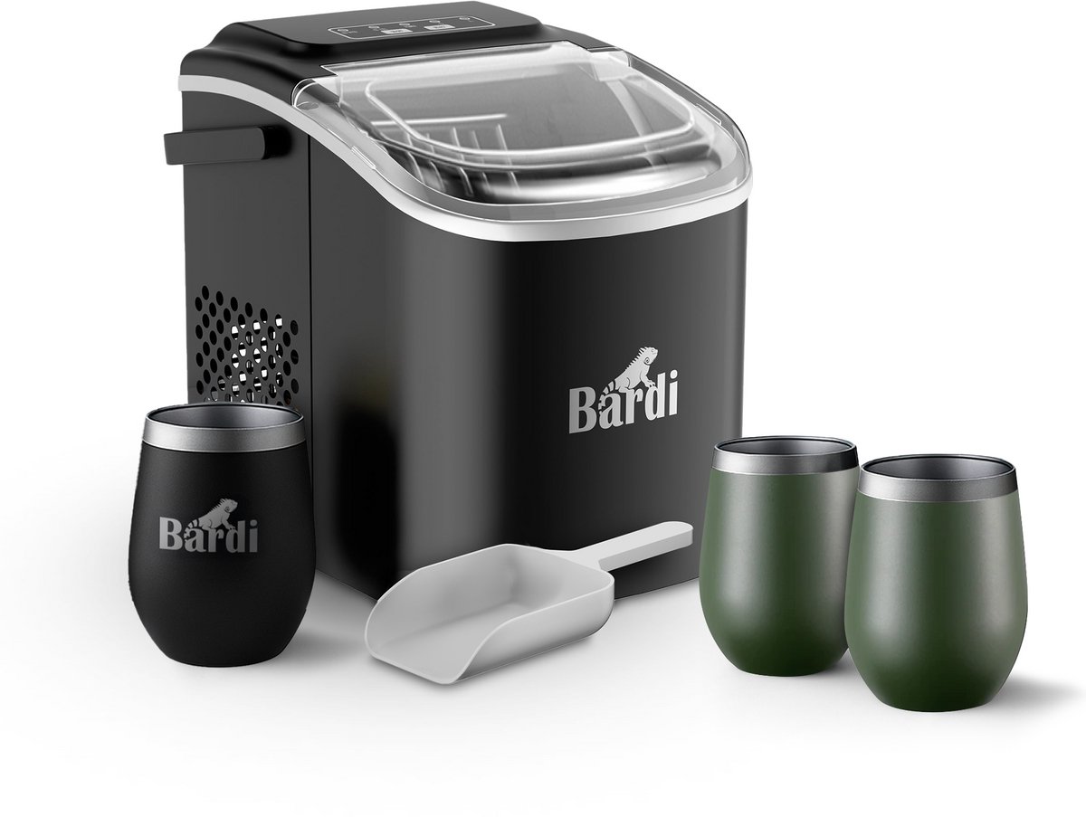 Bardi Deluxe ijsblokjesmachine set – 1,2L – Zwart– Inclusief 3 Luxe Thermosbekers en ijsschep – Groen
